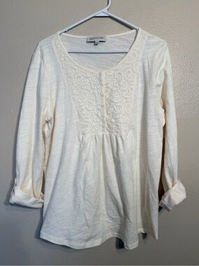 Jones New York Boho 100% Cotton Cream Lace-Yoke Long Sleeve Top